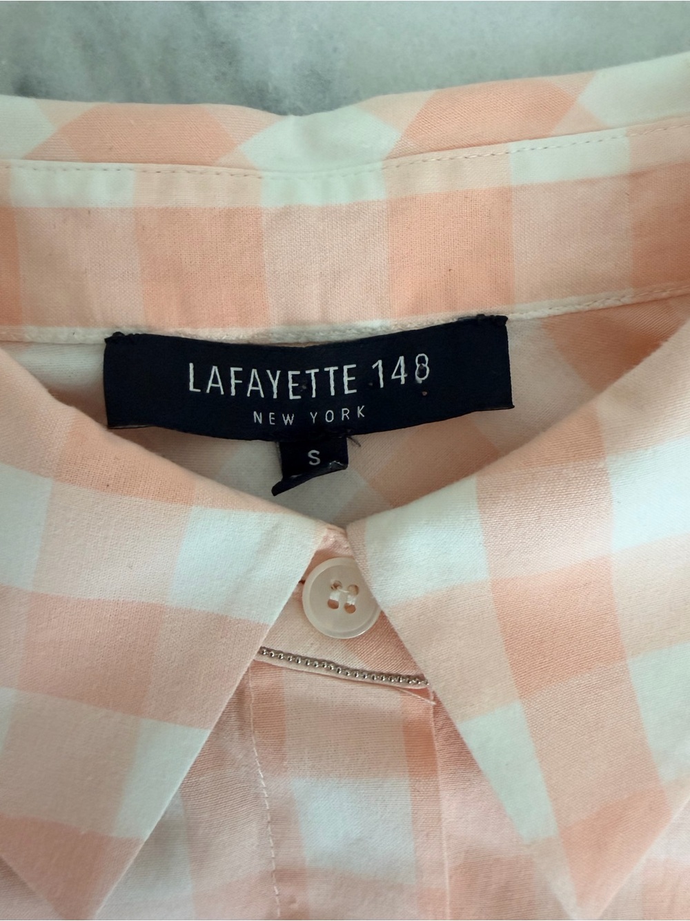 Lafayette 148 New York Peach and White Gingham Button-Up Shirt | S - Picture 3 of 4